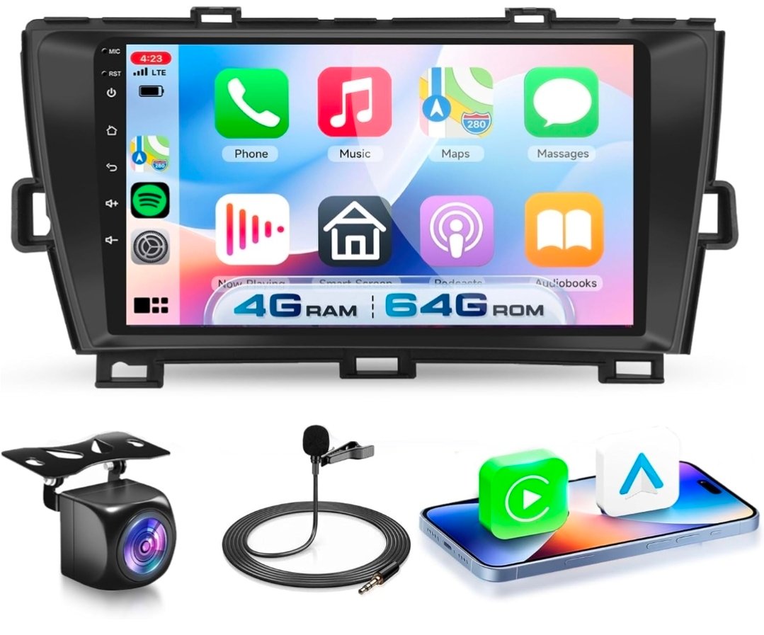 Car Radio Stereo for Toyota Prius 2009-2013 [4G+64G] Android with Wireless CarPlay Android Auto,9 inch IPS Touchscreen Car Stereo Bluetooth5.0,GPS,WiFi,SWC,59UI,32EQ AI DSP+HD Backup Camera